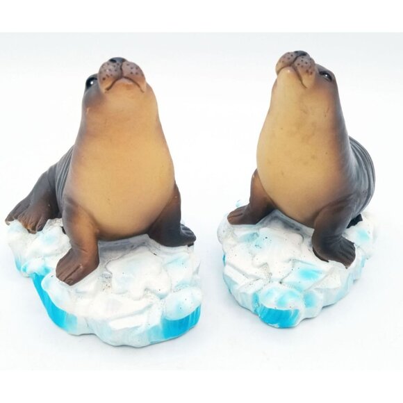 Seal Figurines On Ice Floe Base 4.5 Inch Resin Brown Arctic Animal Set of 2 - Picture 3 of 16